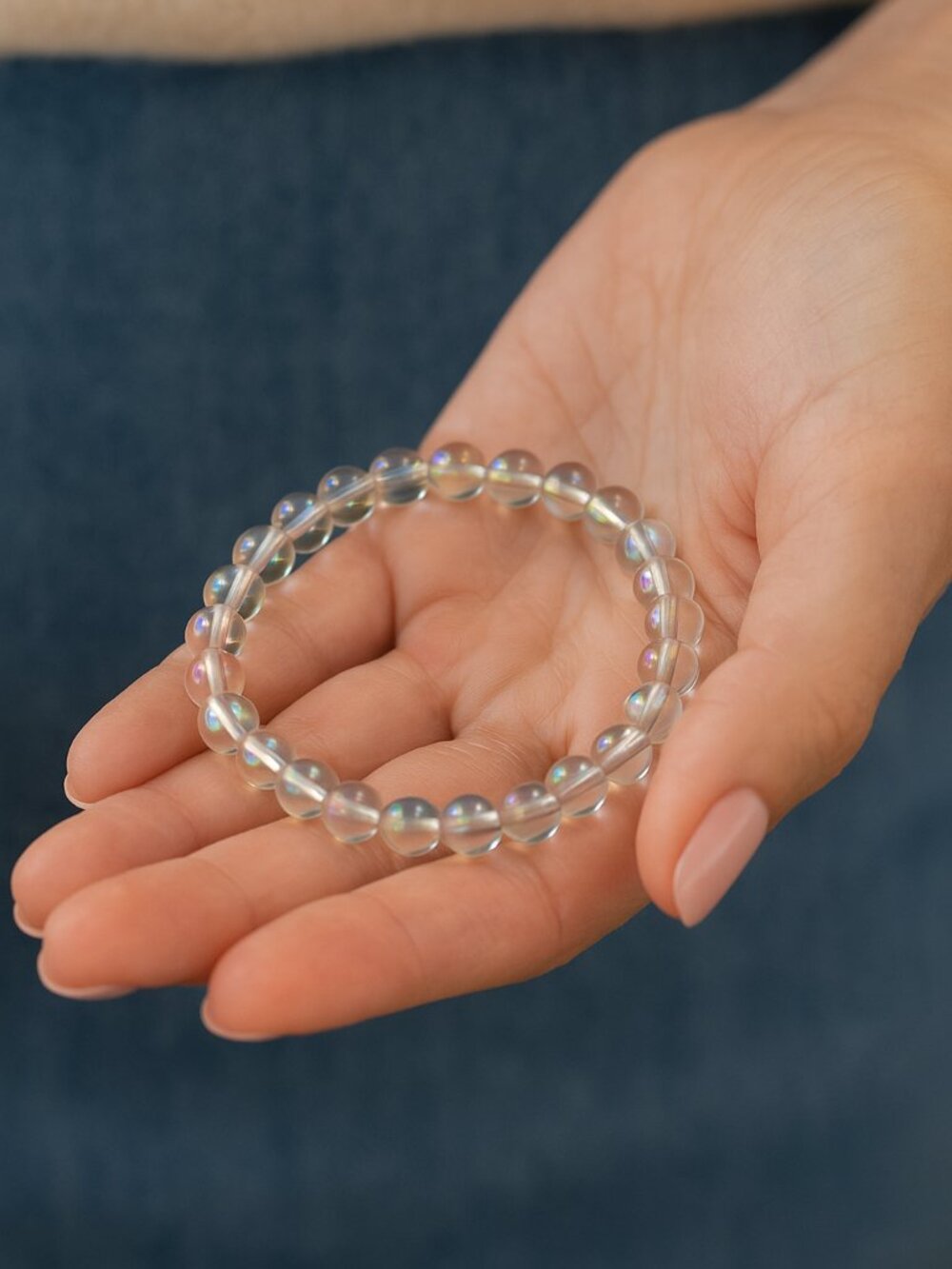 Pretty Clear Aura Quartz Bead Stretch Bracelet - NWT